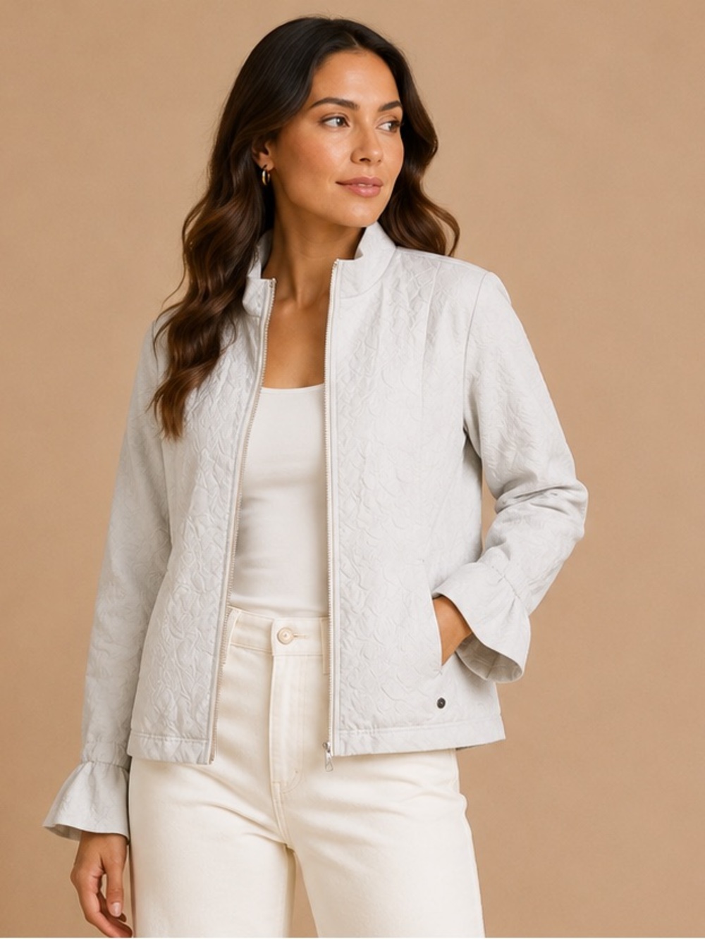 Cracked Wheat White Textured Jacket S Zip Front Quiet Luxury Lightweight
